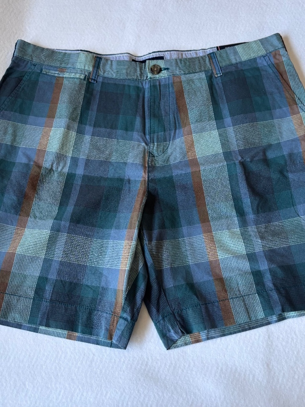 Tommy Hilfiger Mens Madras Plaid Shorts Size 40 Teal Blue Brown Flat Front NWT